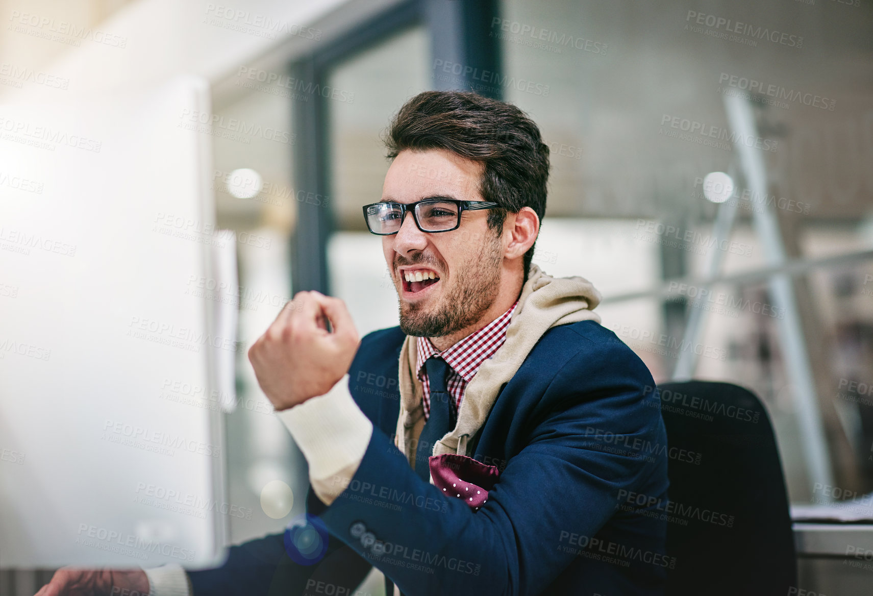 Buy stock photo Excited businessman, fist pump and winning with computer for promotion, achievement or victory at office. Happy man or employee smile in celebration or satisfaction on pc for good news at workplace