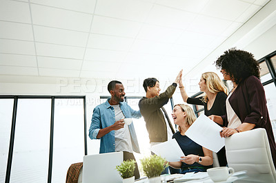 Buy stock photo Teamwork, high five and business people in meeting for planning with achievement, victory and cheering. Marketing team, collaboration and men and women celebrate success, planning and goals in office