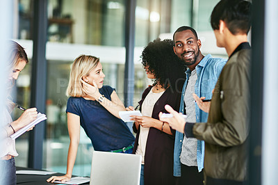 Buy stock photo Teamwork, office and business people in meeting discussion for collaboration, planning and project. Communication, diversity and men and women in conversation, talking and brainstorming for strategy