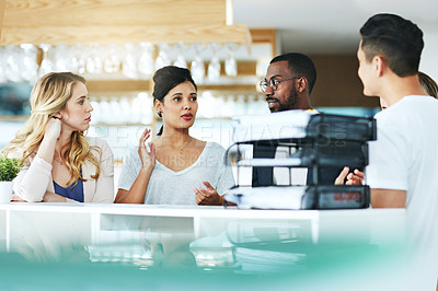 Buy stock photo Diverse, listening and focused businesspeople in meeting talking, discussing and planning work schedule in modern workplace. Team leader having staff discussion about project plan and job management