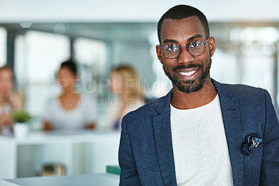 Buy stock photo Intelligent smiling face of a businessman, professional or corporate worker in a busy office. A happy and smart portrait of a friendly black business man with workplace as background and copy space