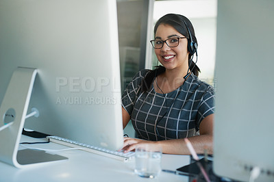 Buy stock photo Call center, computer and consulting with portrait of woman in office for customer support, advisory and online. Technology, internet and receptionist with employee for contact us and communication