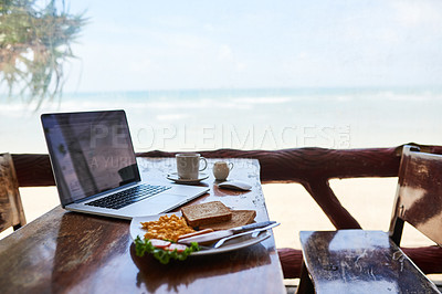 Buy stock photo Laptop, beach or empty table at cafe for remote workspace in the morning with wifi connection. Background, internet or luxury seaside coffee shop for travel blog online with brunch meal, tea or food