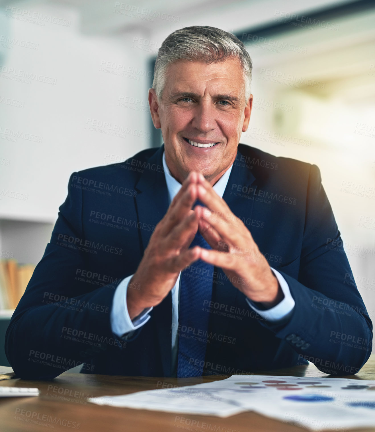 Buy stock photo Portrait, planning and mature man in office, confidence and ready for corporate tasks. Workplace, executive and pride of male ceo for professional career, job and project management for business