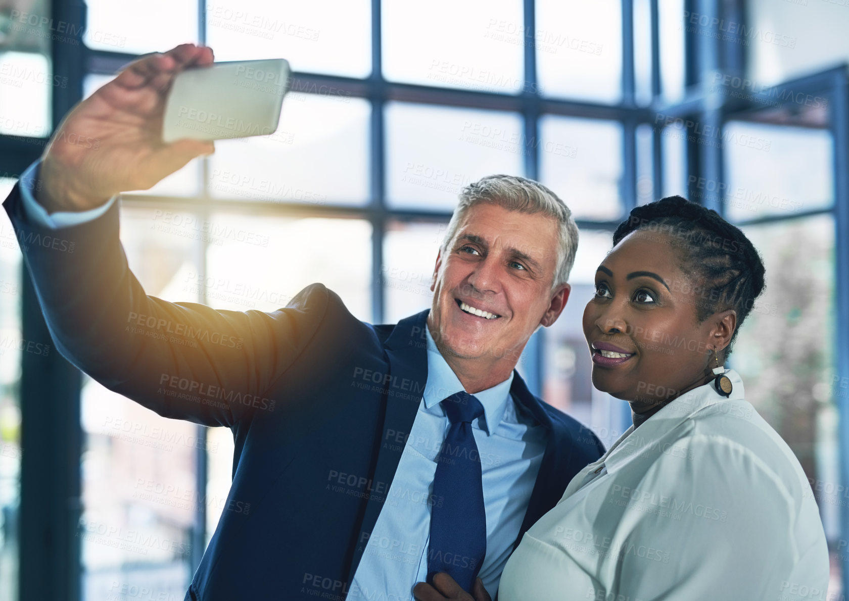 Buy stock photo Business people, selfie and manager with tech, diversity and teamwork with social media post. Working, company employee and CEO with pride from professional work and success of happy staff in office