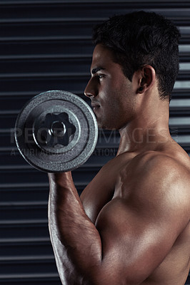 Buy stock photo Athlete, man and weightlifting in workout routine, fitness and profile for health, muscle and biceps. Male person, body building and sport with dumbbell in gym as bodybuilder in exercise or training