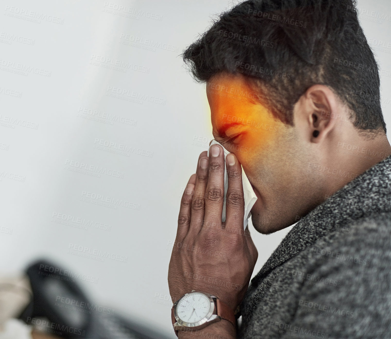 Buy stock photo Cropped shot of a young man suffering with allergies