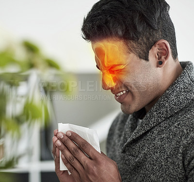 Buy stock photo Congestion, red pain and blowing nose with a man using a tissue in his home for relief from allergies. Sick, cold or flu and a young person ill with a virus due to pollen or hay fever symptoms
