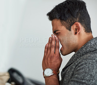 Buy stock photo Profile, sick and blowing nose with a man with a tissue closeup in his home for relief from allergy symptoms. Mockup, cold or flu virus and a young person ill due to infection, pollen or hay fever