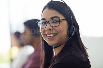 Buy stock photo Business woman, call center portrait and happy for customer service, e commerce sales and telemarketing. Face of professional consultant or agent in telecom workspace for contact us or virtual chat
