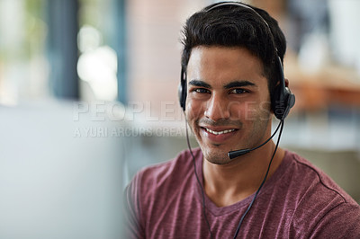 Buy stock photo Man, consultant portrait and call center for communication, business contact and e commerce or customer support. Happy, face and professional agent or advisor on computer for virtual advice and help