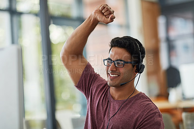Buy stock photo Man, call center winner and computer for success, winning and telecom achievement, target celebration or sales in office. Happy agent or consultant with yes, fist and excited for telemarketing goals 