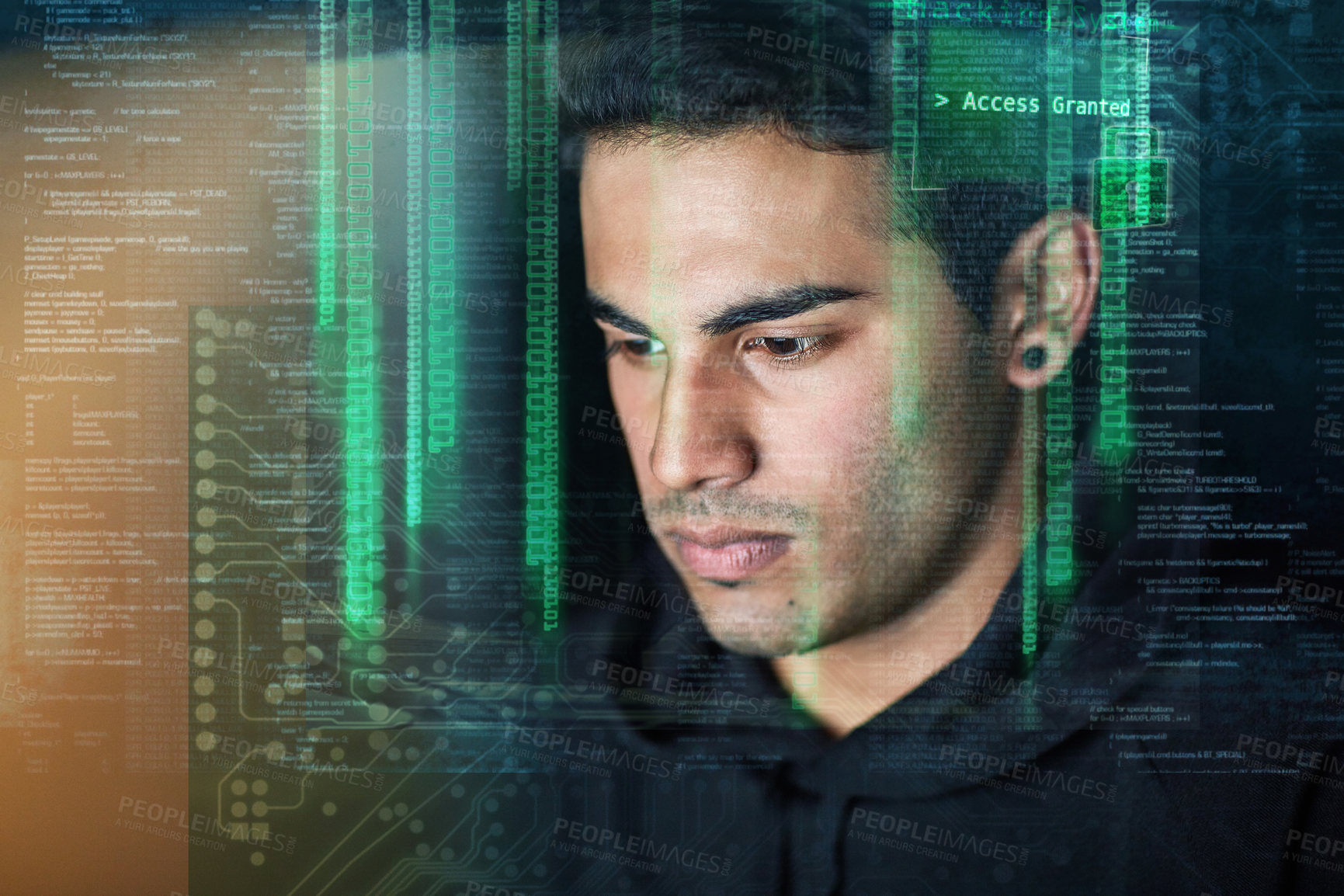 Buy stock photo Hacking, coding and digital overlay of man with night software, password access or data programming. Cybersecurity, html code and system or server hacker, programmer or focus person with web database