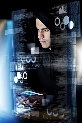 Buy stock photo Computer, digital overlay and man, hacker or programmer for night hacking, programming or fintech app crime. Software coding, information technology and focus person in hoodie for cybersecurity fraud