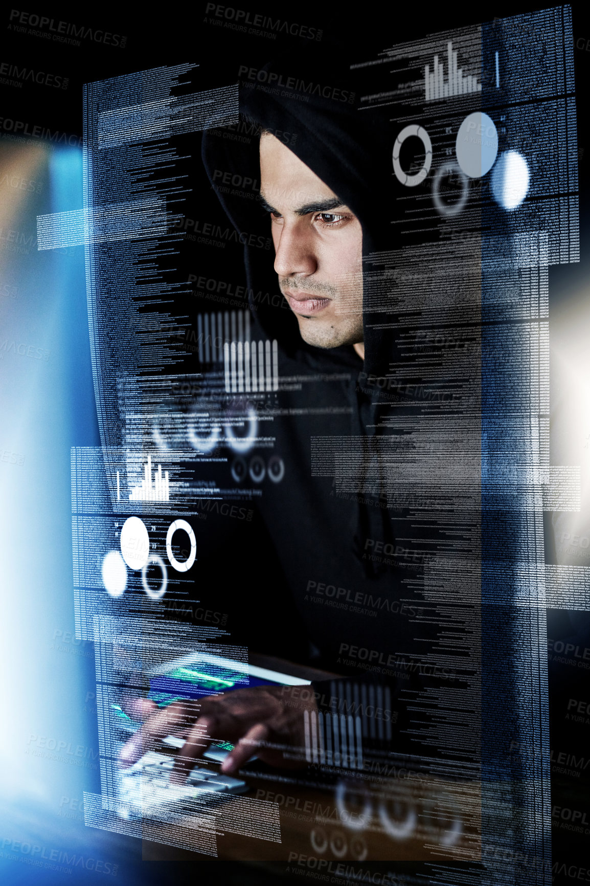 Buy stock photo Computer, digital overlay and man, hacker or programmer for night hacking, programming or fintech app crime. Software coding, information technology and focus person in hoodie for cybersecurity fraud