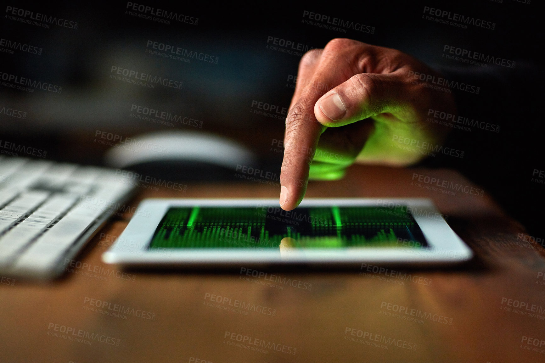 Buy stock photo Hacker, man hands and tablet screen for software data, crack code or password and dark room in cybersecurity crime. Online, cyber thief and coding application of person hacking digital technology app