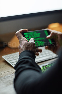 Buy stock photo Coding, phone screen and man hands for software data, crack password and hacking internet for cybersecurity crime. Cyber fraud, virus or system code of user, person or hacker programming mobile app