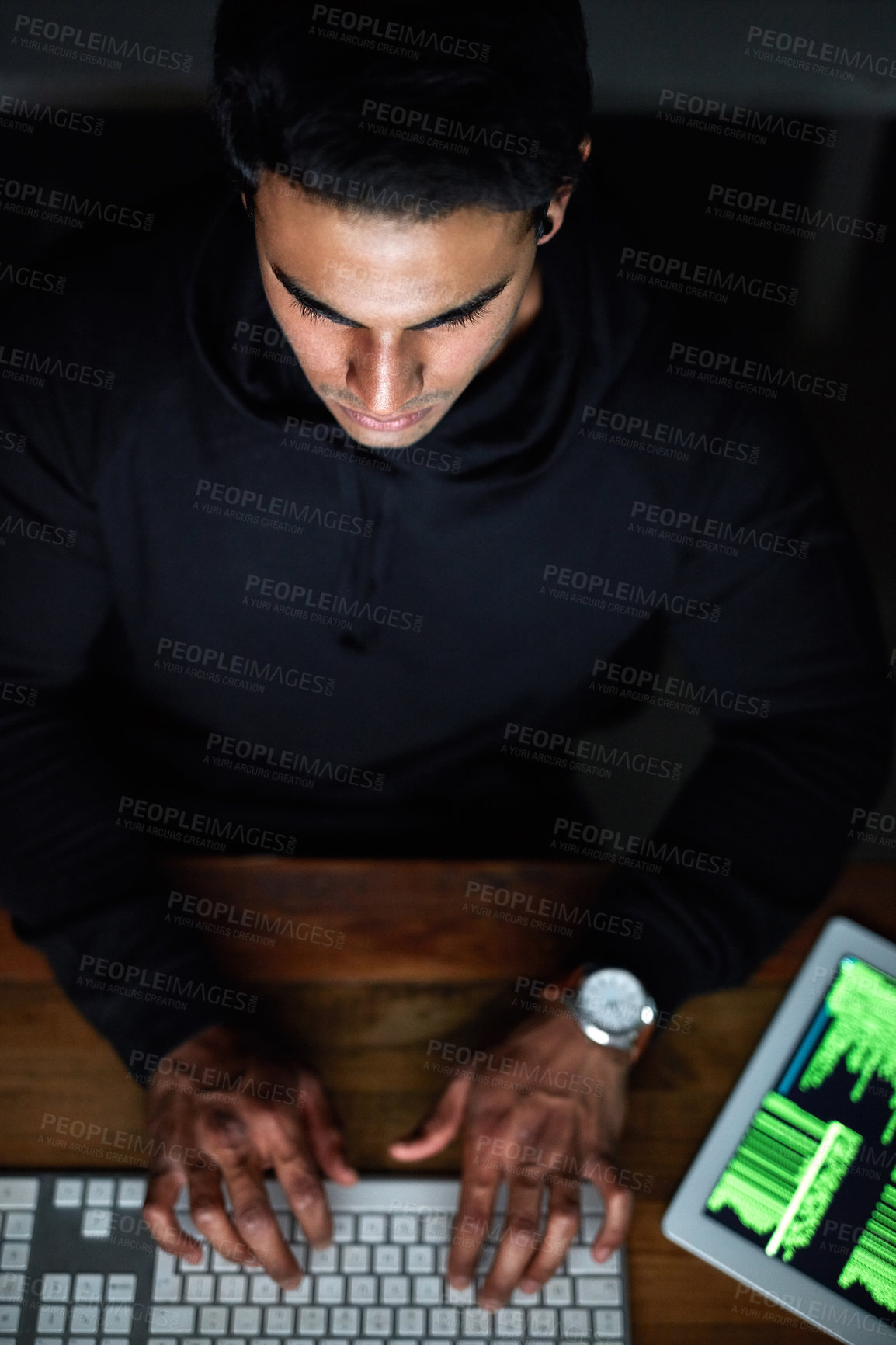 Buy stock photo Hacking, man and computer keyboard for programming, coding software or password hacker, tablet and dark room. Online code, night cyber security or programmer person hacking data on digital tech above