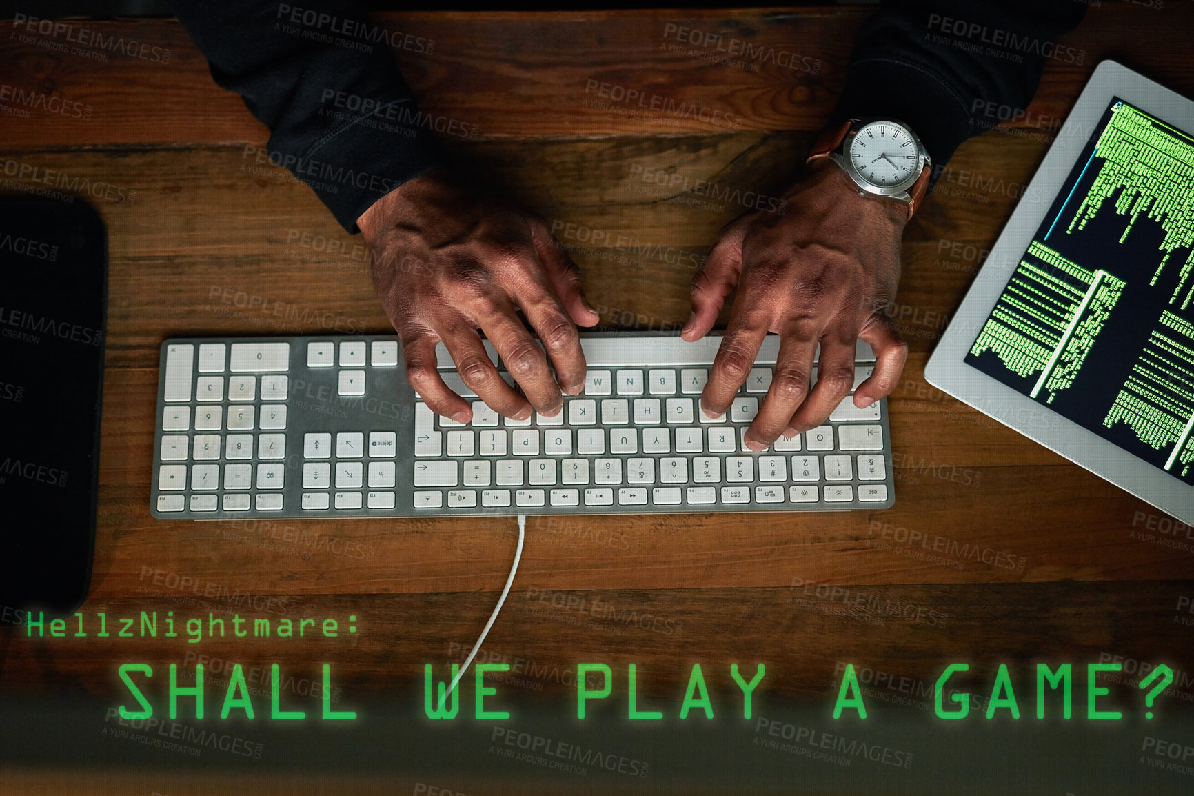 Buy stock photo Keyboard, hacking and man hands in gaming virus, software danger and programming in digital tech overlay. Online games, cyber attack and coding scam of gamer person on computer or tablet screen above