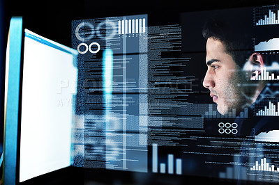 Buy stock photo Computer screen, overlay and man in night data analysis, stock market research and graphs or charts solution. Trade, digital statistics or software information technology, focus person and desktop 3d