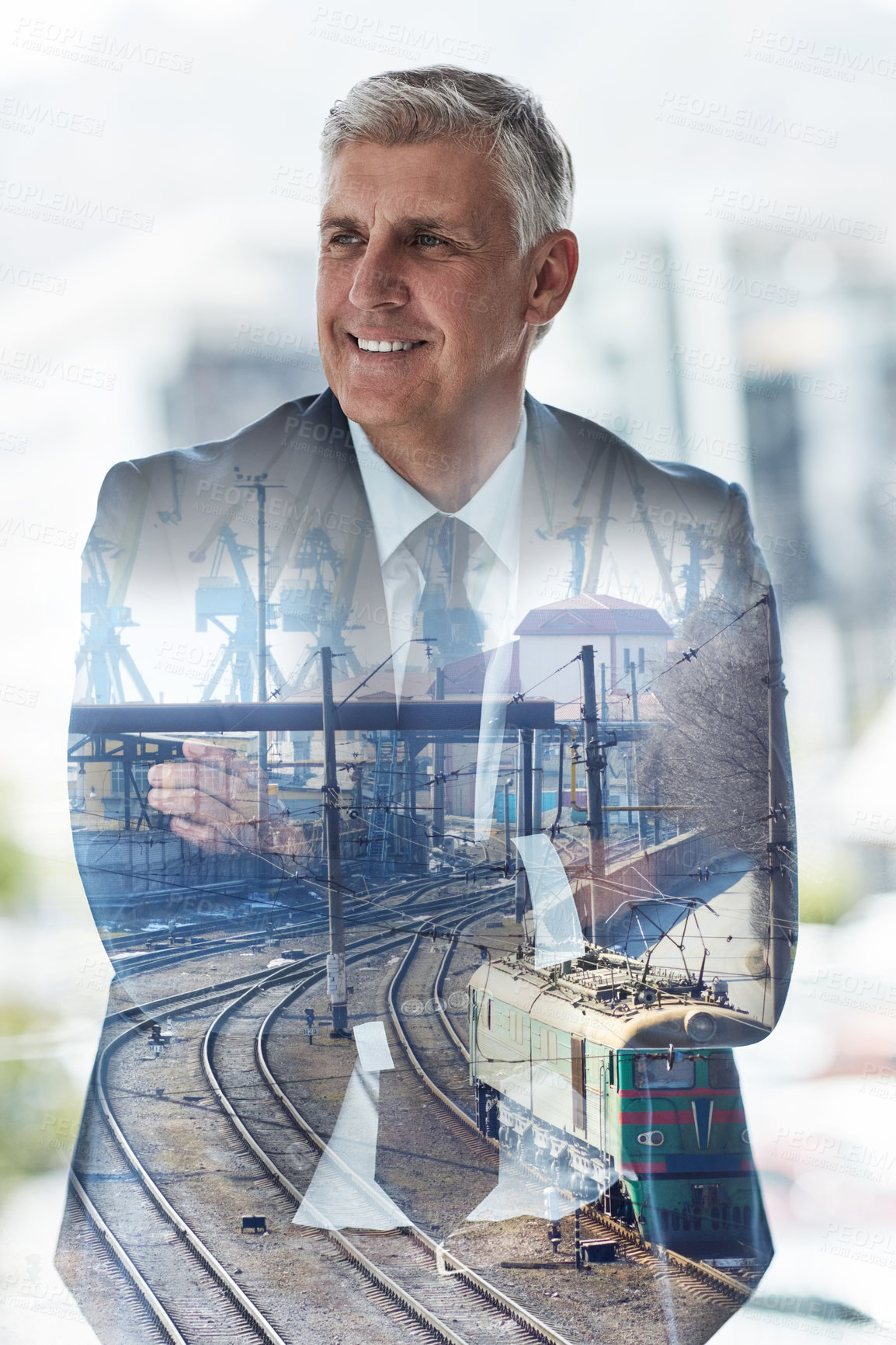Buy stock photo Multiple exposure shot of a mature businessman superimposed over a railway line
