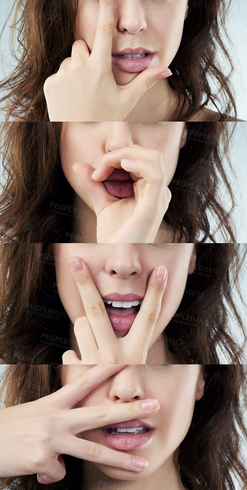 Buy stock photo Composite image of a young woman spelling out the work love with her fingers