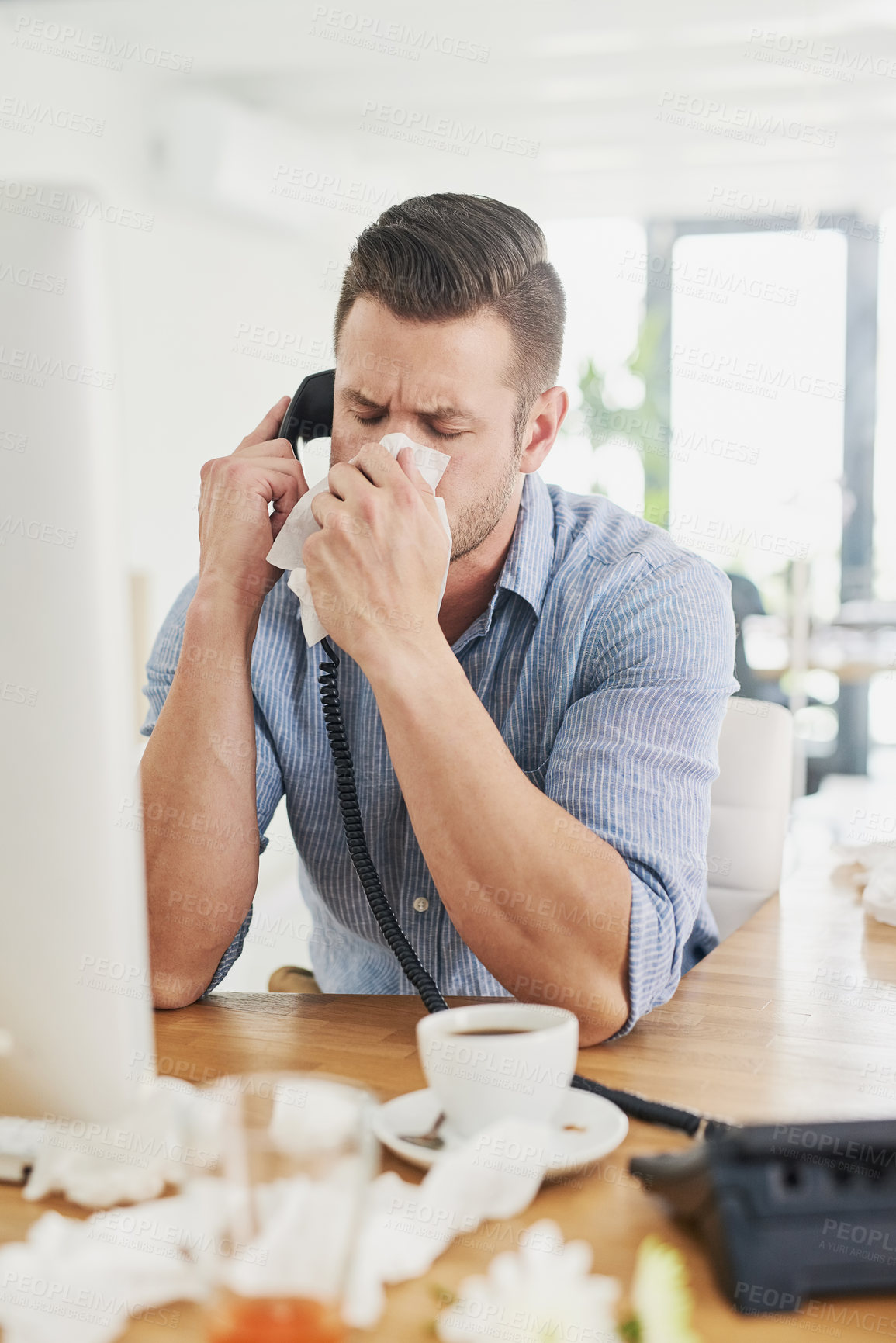 Buy stock photo Business man, blowing nose and phone call with allergy, virus and tissues for healthcare at desk. Sick young businessman, allergies or tired of hayfever, toilet paper and cleaning mucus in workplace