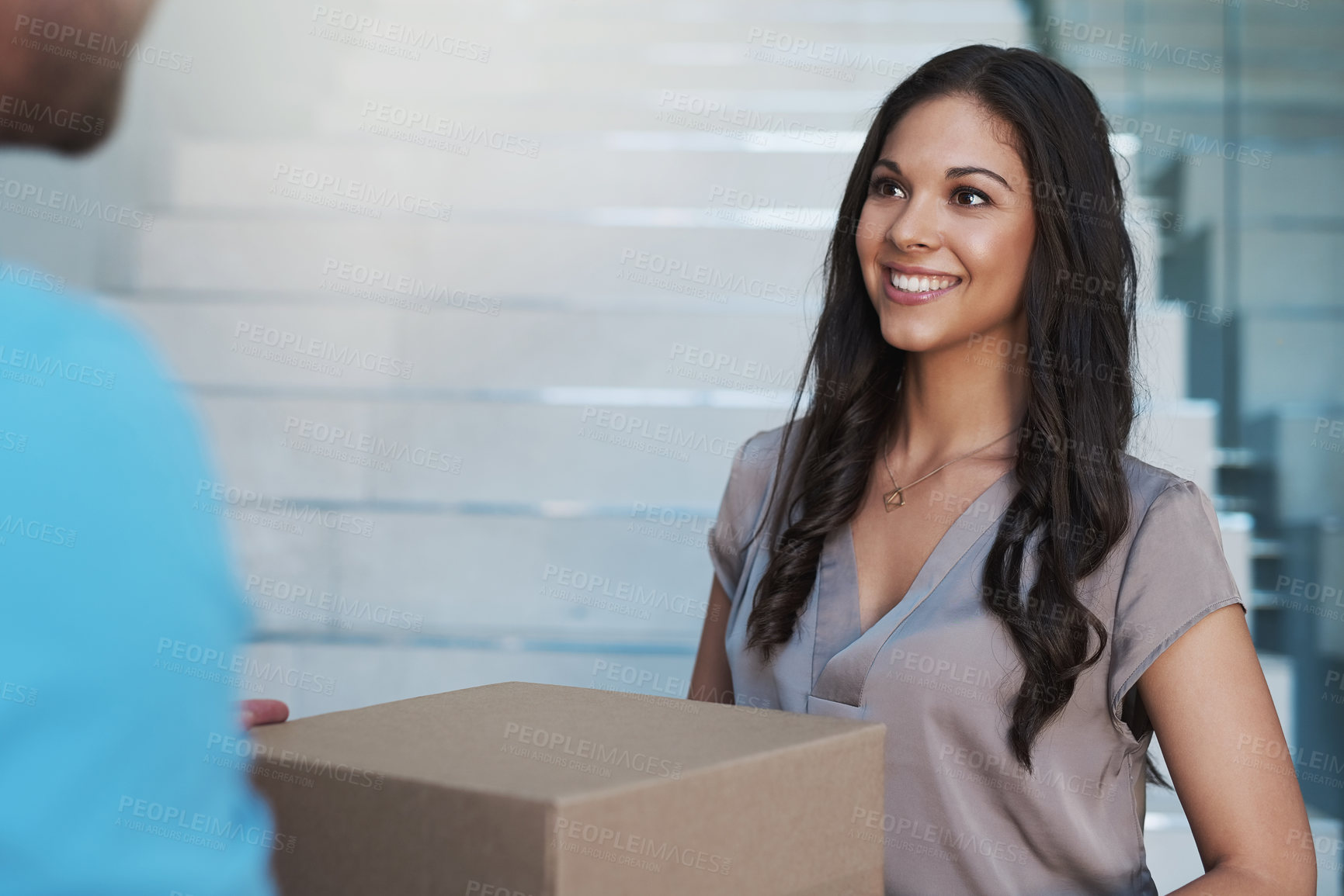 Buy stock photo Courier, delivery and happy woman with a package outside her house from ecommerce shopping. Logistics, parcel and young female customer with a cardboard box from a deliveryman outdoor of her home.