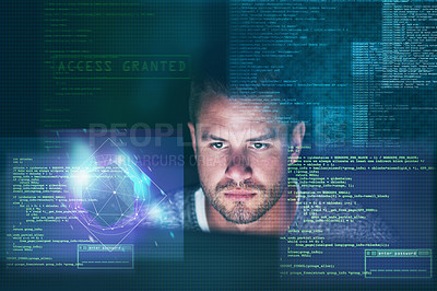 Buy stock photo Night, hologram and man with focus, programmer and code with software, analytics and cyber security. Male person, employee and hacker with concentration, holographic and programming with research