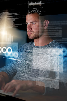 Buy stock photo Night, hologram and man with focus, analytics and programming with cyber security, research or thinking. Male person, employee or programmer with concentration, holographic or developer with internet