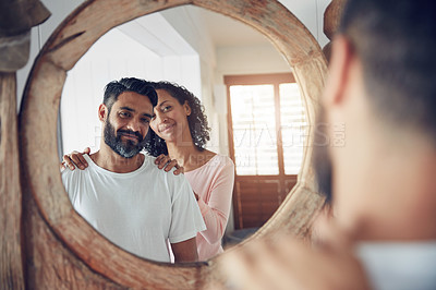Buy stock photo Smile, reflection and morning with couple in mirror for wake up, support and love. Happy, commitment and happiness with man and woman bonding at home for motivation, helping and care together