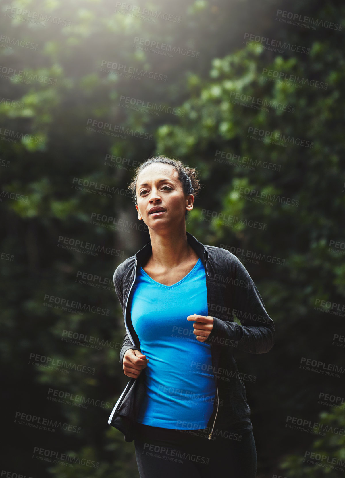 Buy stock photo Woman in park, running and fitness in nature, exercise and training for marathon with athlete and sports. Runner, speed and challenge with workout, cardio outdoor for health and wellness with energy