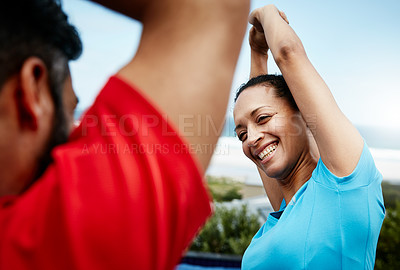 Buy stock photo People are stretching, fitness and start training with athlete, personal trainer or couple ready for workout outdoor. Health, wellness and prepare for exercise, sports and flexibility with warm up