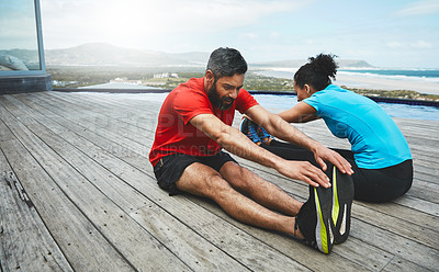 Buy stock photo Stretching, legs and couple in exercise at beach to start fitness, training or outdoor on deck. Workout, back and stretch feet with people together in preparation for sports, performance and wellness