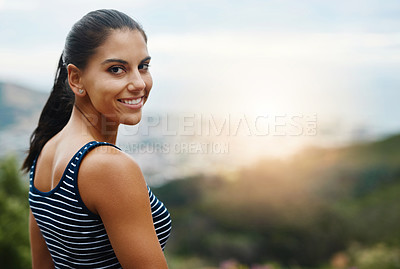 Buy stock photo Portrait, space or happy woman in park, outdoor and hiking with confidence, good mood or freedom. Face, Indian lady or female person in summer, natural environment or nature mockup to smile or relax 