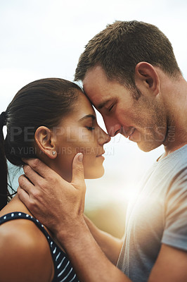 Buy stock photo Forehead, love or happy couple on outdoor date with loyalty for trust, care or flare in nature. Eyes closed, sunshine or romantic man with woman hug on holiday vacation for bond, support or peace 