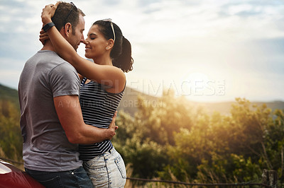 Buy stock photo Romance, love or couple hug in nature for date, support or care on a summer road trip or park adventure. Relax, man or woman on outdoor holiday vacation together for bond, travel or freedom in USA