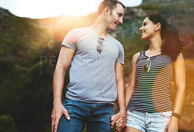 Buy stock photo Nature, love or happy couple holding hands on date with wellness or care for romance or adventure. Peace, smile or man with happy woman on holiday vacation together for bond, support or relax in park