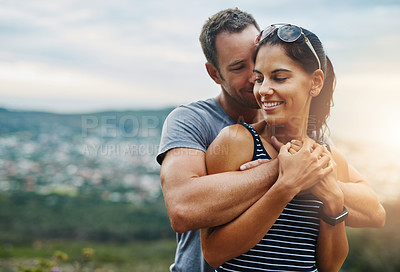 Buy stock photo Nature mockup, hug or happy couple on date with wellness or care for romance, love or adventure. Bokeh space, smile or man with woman on holiday vacation together for bond, trust or support in park 