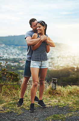 Buy stock photo Hiking, love or couple hug in nature on date for romance or care in summer with freedom to relax. Embrace, peace or romantic man or happy woman on holiday vacation together to bond or travel in USA 