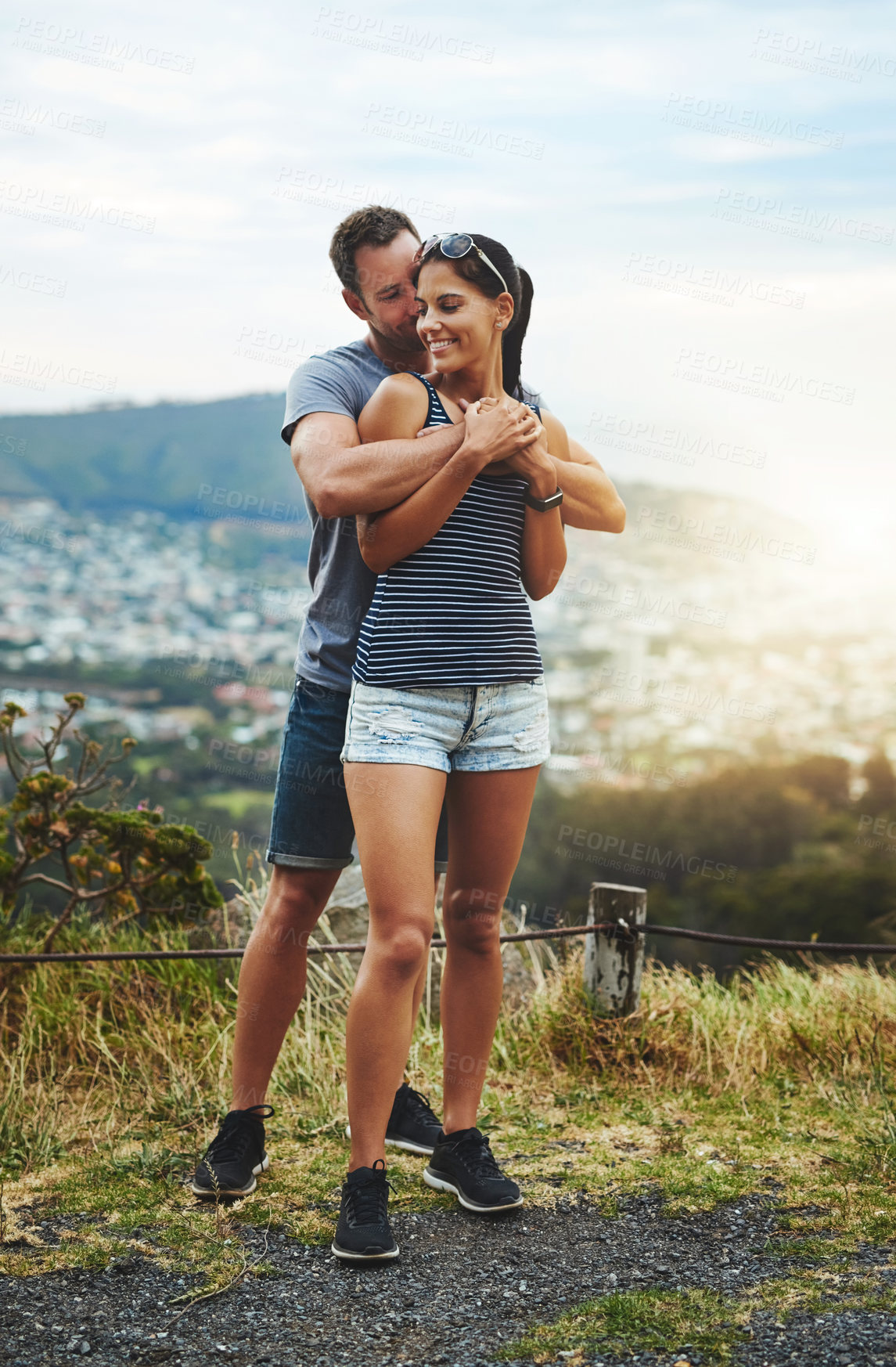 Buy stock photo Hiking, love or couple hug in nature on date for romance or care in summer with freedom to relax. Embrace, peace or romantic man or happy woman on holiday vacation together to bond or travel in USA 