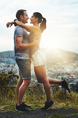 Buy stock photo Love, hiking or happy couple hug in nature on outdoor date for care with support, loyalty or trust in park. Romantic man, wellness or woman on holiday vacation together to celebrate, relax or smile