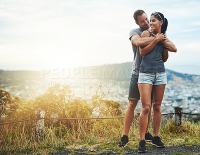 Buy stock photo Mockup space, nature or couple hug on date for love, romance or care with freedom to relax. Embrace, mountain or romantic man or happy woman on holiday vacation together to bond or travel adventure