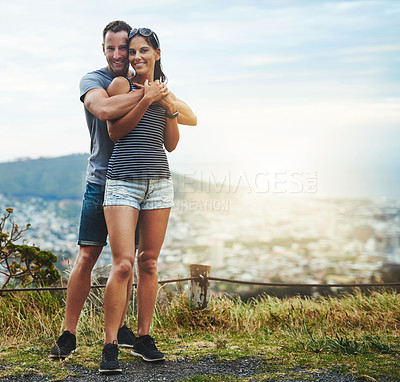 Buy stock photo Portrait, love or happy couple hug in nature for date, support or care in summer or park with freedom. Embrace, romantic man or woman on outdoor holiday vacation together to bond or travel in USA 