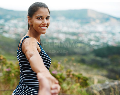 Buy stock photo Happy woman pov, portrait or holding hands in nature on outdoor date for love with support or loyalty. Wellness, affection or couple on holiday vacation in park together to relax or travel in USA