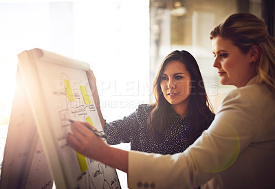 Buy stock photo Shot of two young colleagues brainstorming with mindmaps in the office