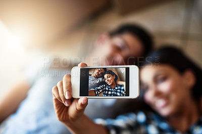 Buy stock photo Couple, selfie and floor above in home, happy and smile on mobile app in apartment with love. Smartphone, social media and internet post or update for memory, photography and bonding on tech