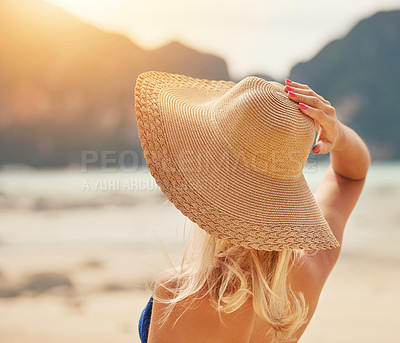 Buy stock photo Girl, back and bikini on beach in summer with hat for tropical vacation or trip, thinking and relax with sunshine. Woman, swimsuit and blue sky in outdoor in California for holiday, break and travel