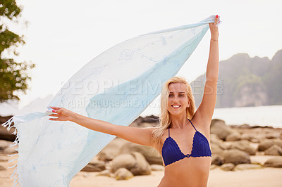 Buy stock photo Portrait, woman and fabric in bikini for beach, happy for summer vacation and sunshine. Travel, ocean girl with scarf and holiday on seaside, relaxation in nature and tourist for free time in sea