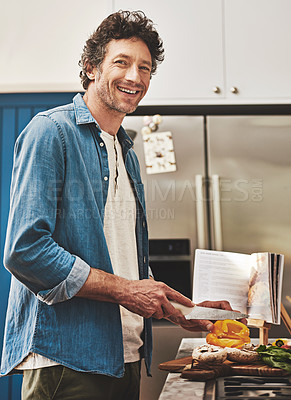 Buy stock photo Happy, portrait and man chop vegetables in the kitchen for diet, healthy or nutrition dinner. Smile cooking and mature male person from Canada cutting ingredients for a supper or lunch meal at home.